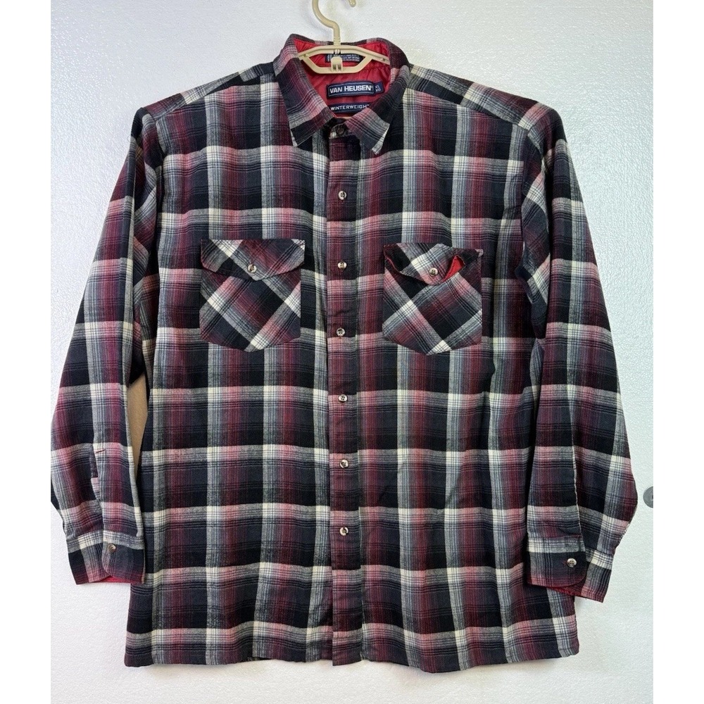 Vintage Van Heusen Mens XL Red Gray Plaid Winterweight Flannel Shirt Shacket